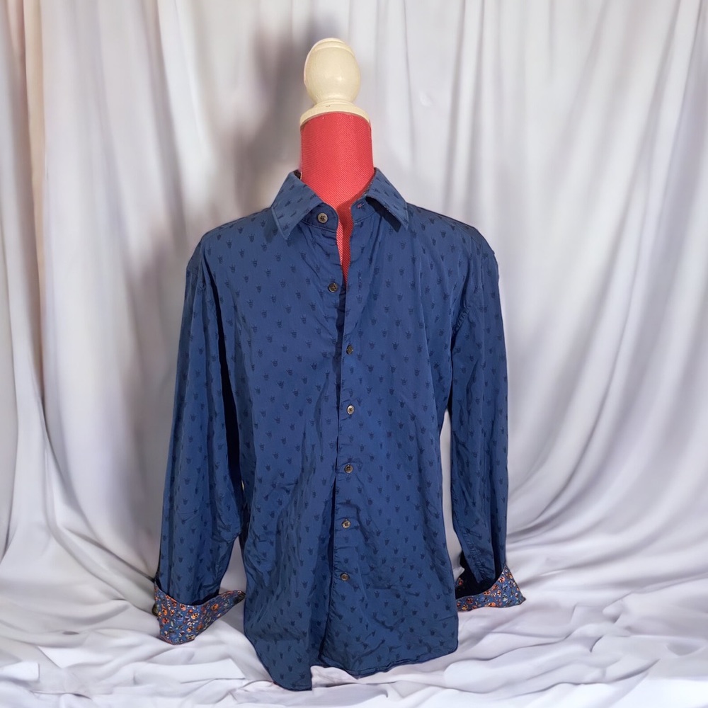 Robert Graham Blue Black Skull Print Button Up Dress Shirt Men’s M Flip Cuff